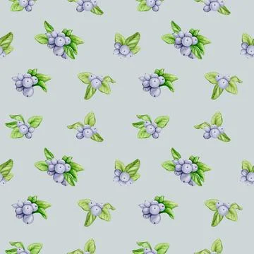 Seamless pattern with blue berries on a gray-blue background. Hand watercolor Stock Illustration