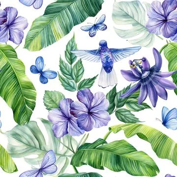 Seamless pattern with blue bird, tropical leaves, flower. Watercolor Stock Illustration