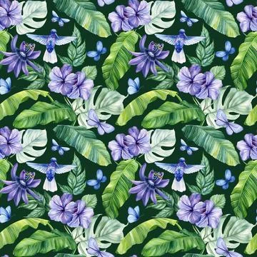 Seamless pattern with blue bird, tropical leaves, flower. Watercolor Stock Illustration