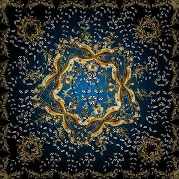 Seamless pattern on blue, black and brown colors with golden elements. Seamless Illustrazione stock