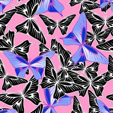 Seamless pattern of blue-black butterflies on a pink background, texture, d.. Stock Illustration