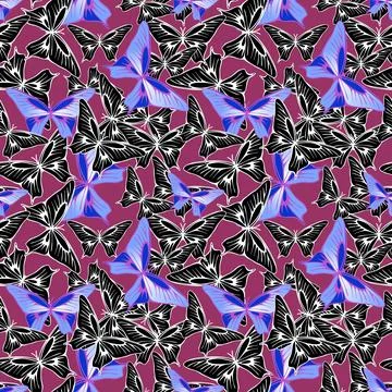 Seamless pattern of blue-black butterflies on a purple background, texture,.. Stock Illustration