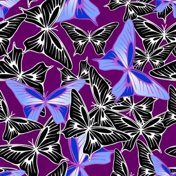 Seamless pattern of blue-black butterflies on a purple background, texture,.. Stock Illustration