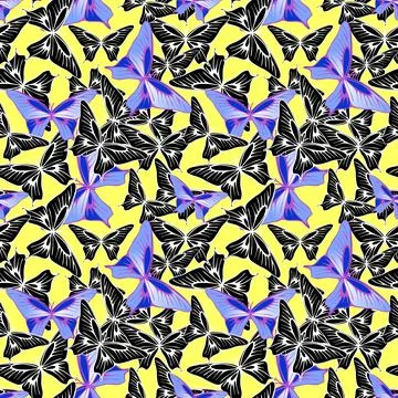 Seamless pattern of blue-black butterflies on a yellow background, texture,.. Stock Illustration