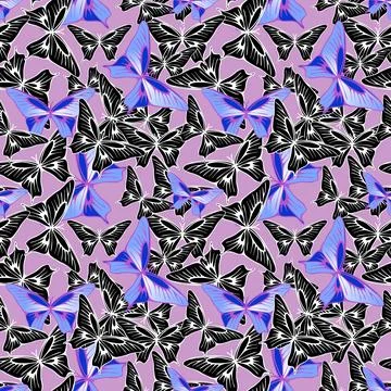 Seamless pattern of blue-black butterflies on a purple background, texture,.. Illustrazione stock