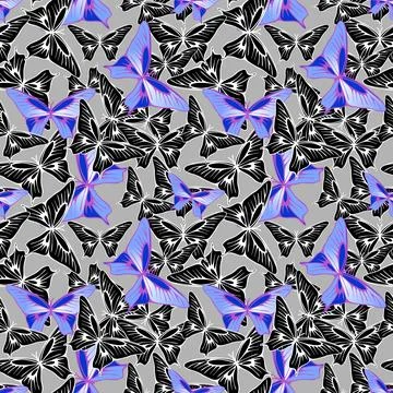 Seamless pattern of blue-black butterflies on a gray background, texture, d.. Stock Illustration