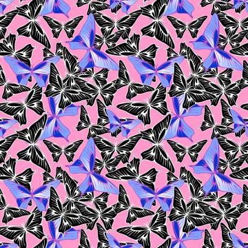Seamless pattern of blue-black butterflies on a pink background, texture, d.. Illustrazione stock