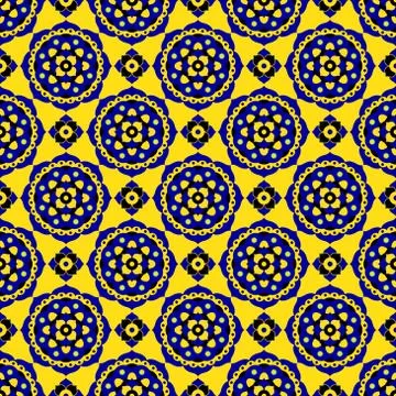 Seamless pattern - blue, black, yellow bloom tiles Illustrazione stock