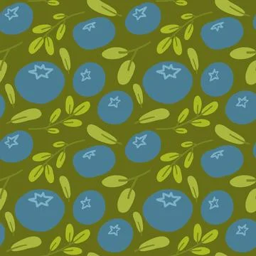 Seamless pattern of blue blueberries and green leaves on a green background Stock Illustration