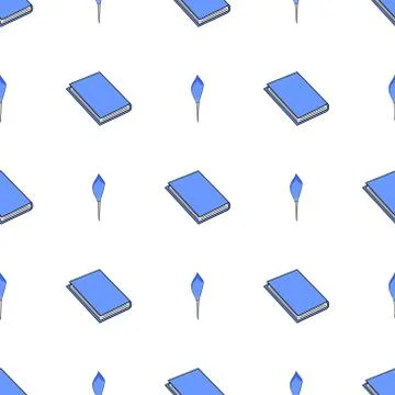 Seamless pattern with blue books and feathers on white background. Vector. Stock Illustration