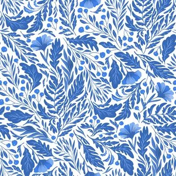 Seamless pattern blue branch and leaves Gzhel Stock Illustration