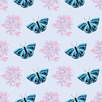 Seamless pattern of blue butterfly and purple flowers Stock Illustration