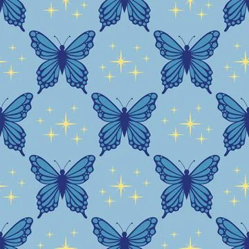 Seamless pattern with blue butterfly and tiny star in polka dot order in fl.. Stock-Illustration