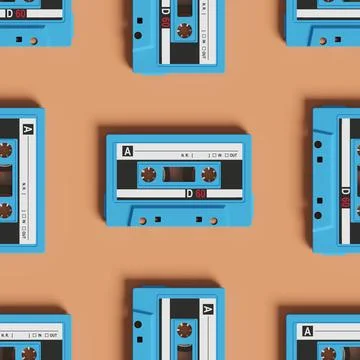 Seamless pattern of blue cassettes on orange background. 3d illustration. Stock Photos