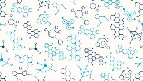 Seamless pattern of blue chemical molecules and honeycomb structures. Stock Illustration