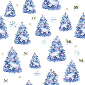 Seamless pattern blue Christmas tree. Decorated Christmas tree. Isolated illu Stock Illustration
