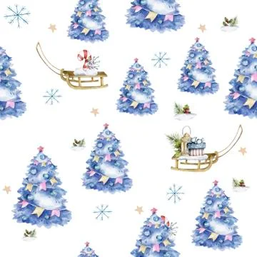 Seamless pattern blue Christmas tree with sleigh prize box in forest. Decorated Stock Illustration