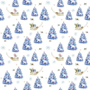 Seamless pattern blue Christmas tree with sleigh prize box in forest. Decorated Stock Illustration