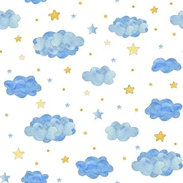Seamless pattern with blue clouds and yellow stars, baby background Stockillustratie