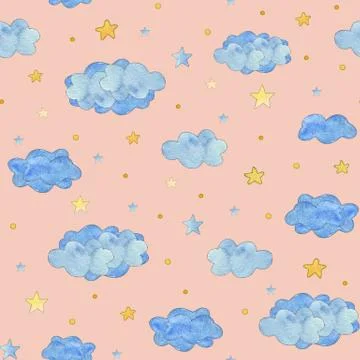 Seamless pattern with blue clouds and yellow stars, baby background Stock Illustration