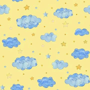 Seamless pattern with blue clouds and yellow stars, baby background Illustrazione stock