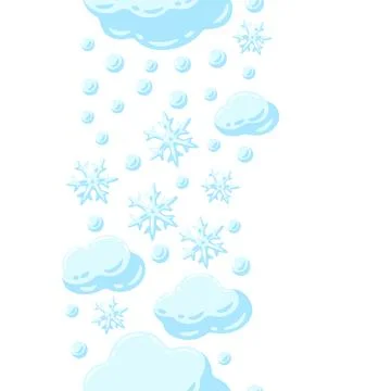 Seamless pattern with blue clouds and snowflakes. Cartoon image of snow. Illustrazione stock