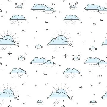 Seamless pattern with blue clouds and sun. Linear outline style. Illustrazione stock