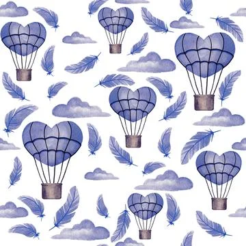 Seamless pattern with blue clouds, balloons. Watercolor background for design イラスト素材