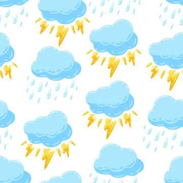 Seamless pattern with blue clouds, rain and lightning. Cartoon image of natural イラスト素材