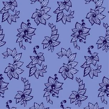 Seamless pattern in blue colors in vector graphic  with flowers, beads and le Stock Illustration