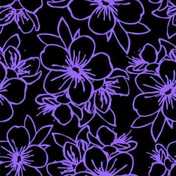 Seamless pattern of blue contours of flowers on a black background, texture Stock Illustration