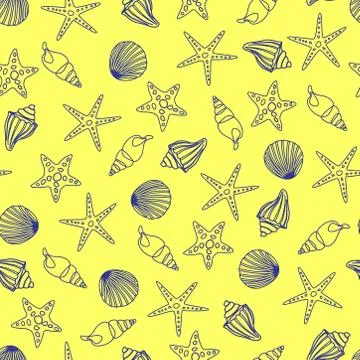 Seamless pattern of blue contours of seashells and starfish on a yellow backg Stock Illustration