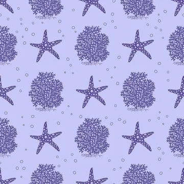 Seamless pattern of blue coral and sea star. Vector coralline reef ocean animals Illustrazione stock