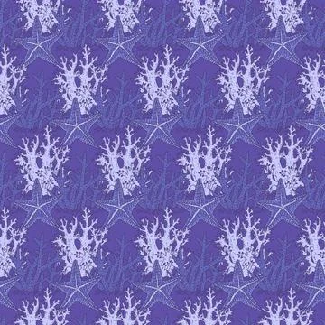 Seamless pattern of blue coral and sea star. Vector coralline reef ocean animals Illustrazione stock