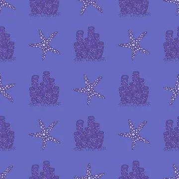 Seamless pattern of blue coral and sea star. Vector coralline reef ocean animals Illustrazione stock