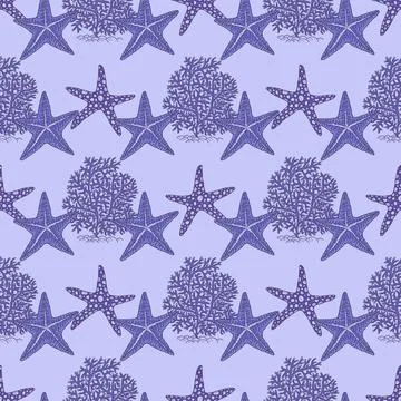 Seamless pattern of blue coral and sea star. Vector coralline reef ocean animals 스톡 일러스트