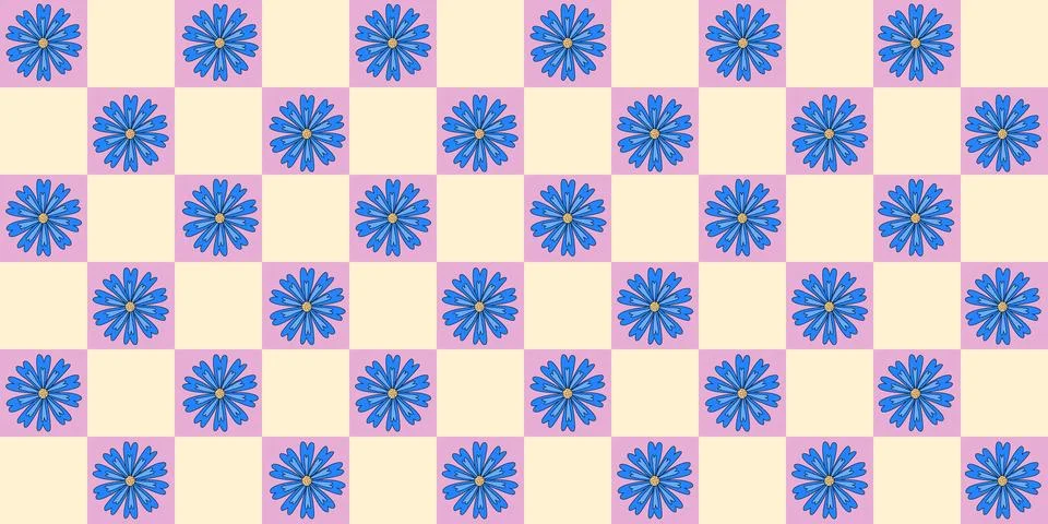 Seamless pattern with blue cornflowers on checked pink yellow background, vector Stock Illustration