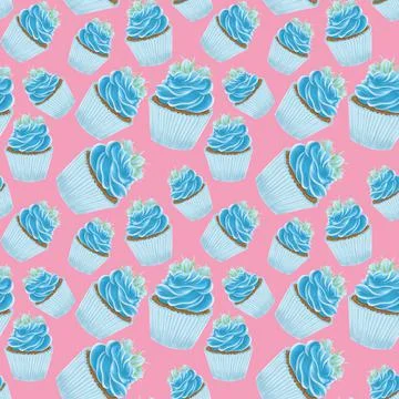 Seamless pattern with blue cupcakes on a pink background, confectionery packa Stock Illustration