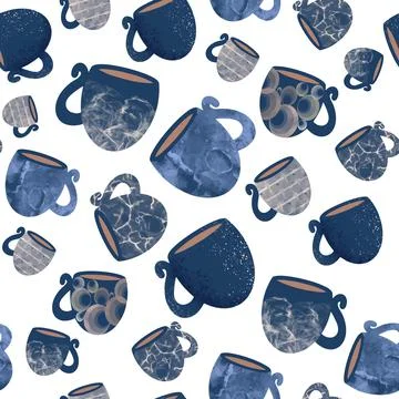 Seamless pattern of blue cups. Design for kitchen accessories, towels Stock Illustration