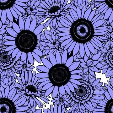 Seamless pattern of blue daisies with a black outline on a white background.. Illustrazione stock