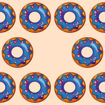 Seamless pattern of blue donuts on a beige background. Confectionery sweets top Stock Illustration
