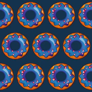 Seamless pattern of blue donuts on a black isolated background. Confectionery Stock Illustration