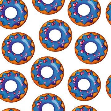 Seamless pattern of blue donuts on a white isolated background. Confectionery Stock Illustration