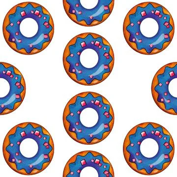 Seamless pattern of blue donuts on a white isolated background. Confectionery Stock-Illustration