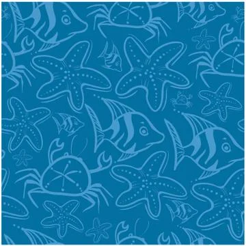 Seamless pattern blue doodle starfish, crab and coral fish Stock Illustration
