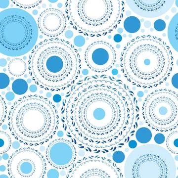 Seamless pattern with blue dots and circles on white background. Vector Illustrazione stock