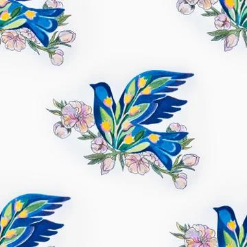 Seamless pattern of a blue dove in flowers on a white background. Stock Illustration