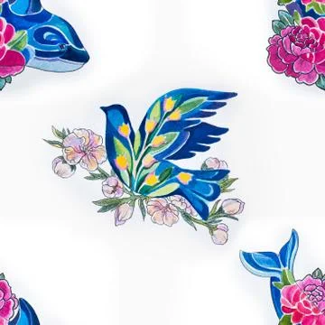 Seamless pattern of blue dove in flowers and killer whales on white background. Stock Illustration
