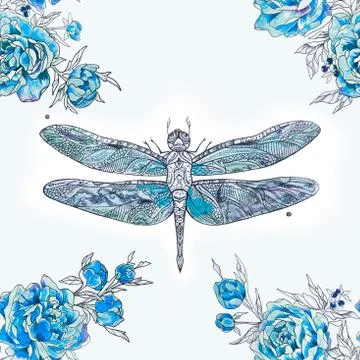 Seamless pattern of blue dragonfly and peonies on a white background. Stock Illustration