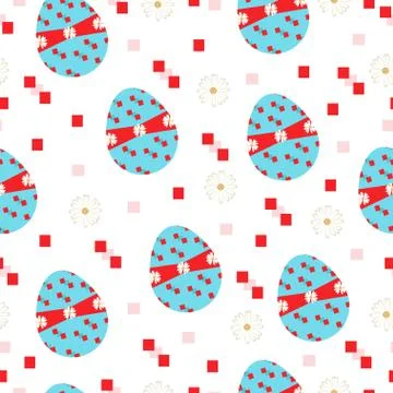 Seamless pattern with blue Easter eggs and daisy flowers Stock Illustration
